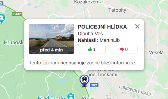 Náhled detailního popisku bodu v mapě.